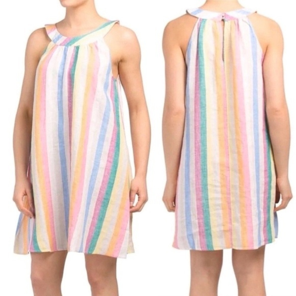 C&C California Linen Pastel Multicolor Striped Halter Mini Dress Breathable